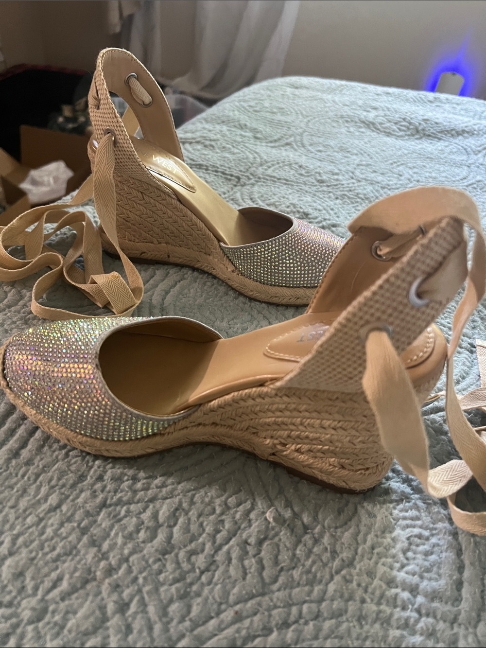 Nine West Iridescent Rhinestone Espadrille Wedges - Nude